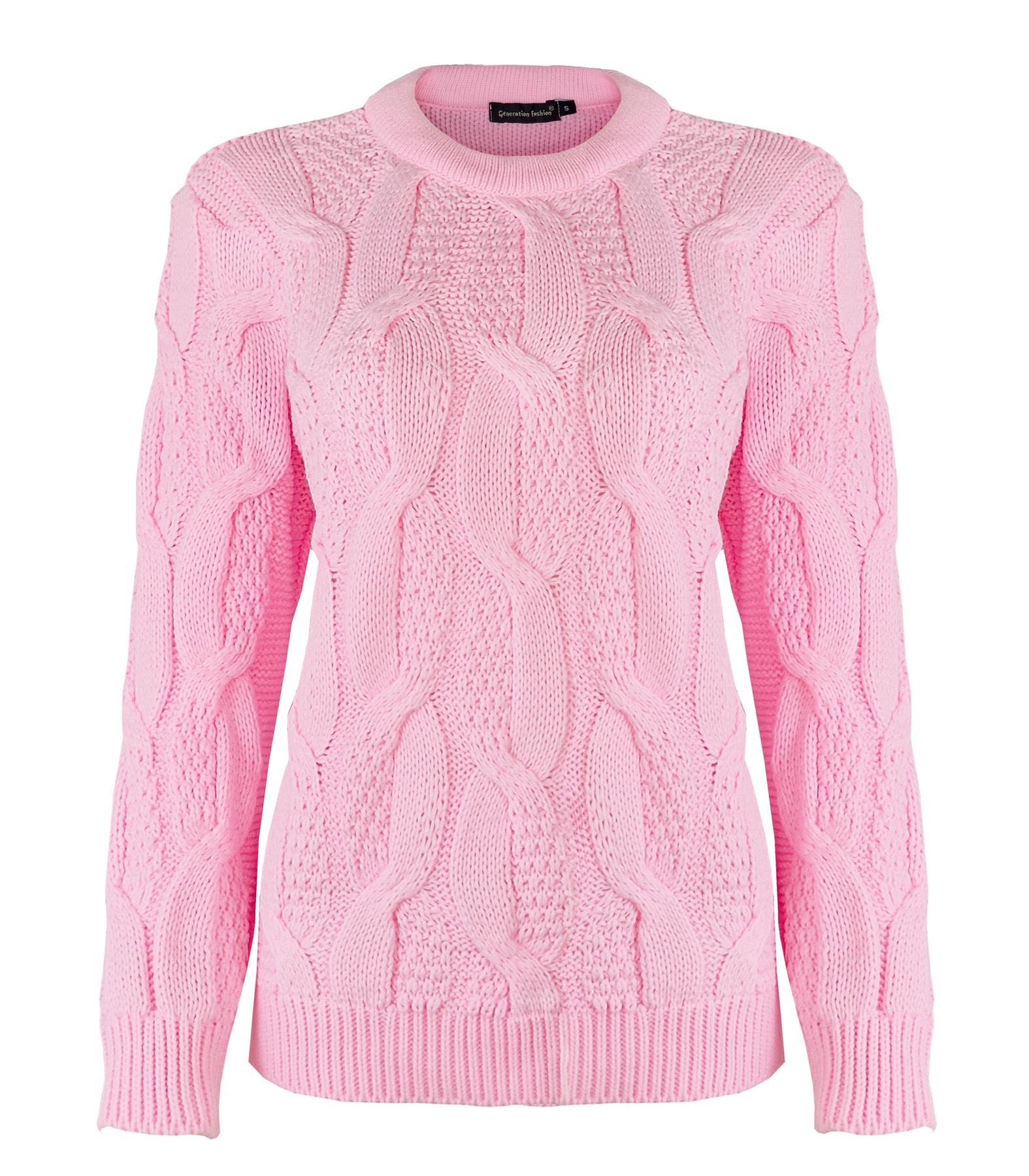 New Ladies Women Knitted Sweater Crew Neck Cable Knit Jumper Top Long Sleeve