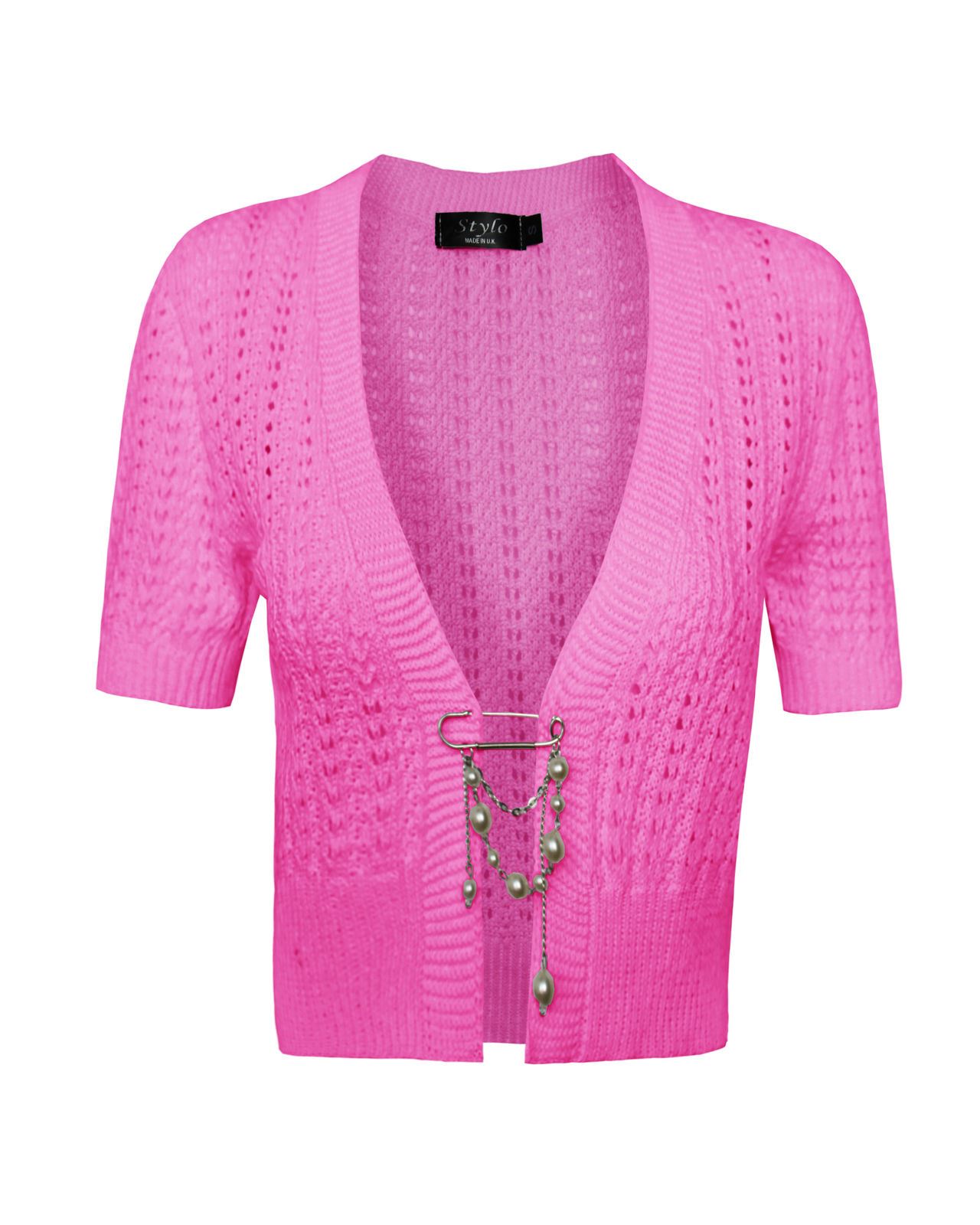 Ladies Womens knitted Short Sleeves Brooched CARDIGAN New Shrug Crop TOP 8-16 - Picture 8 of 22