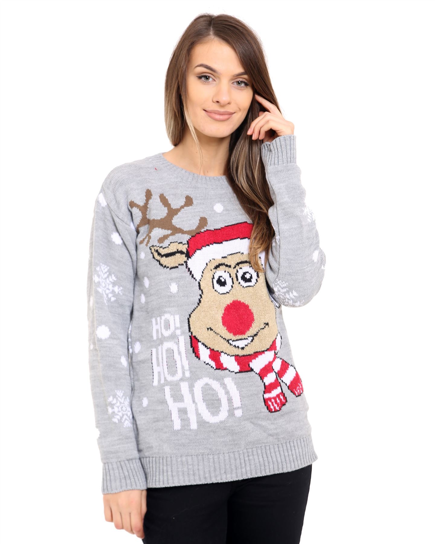 Ladies Women Knitted Reindeer HoHoHo Christmas Xmas Kids Chunky Knit Jumper Top - Picture 7 of 14
