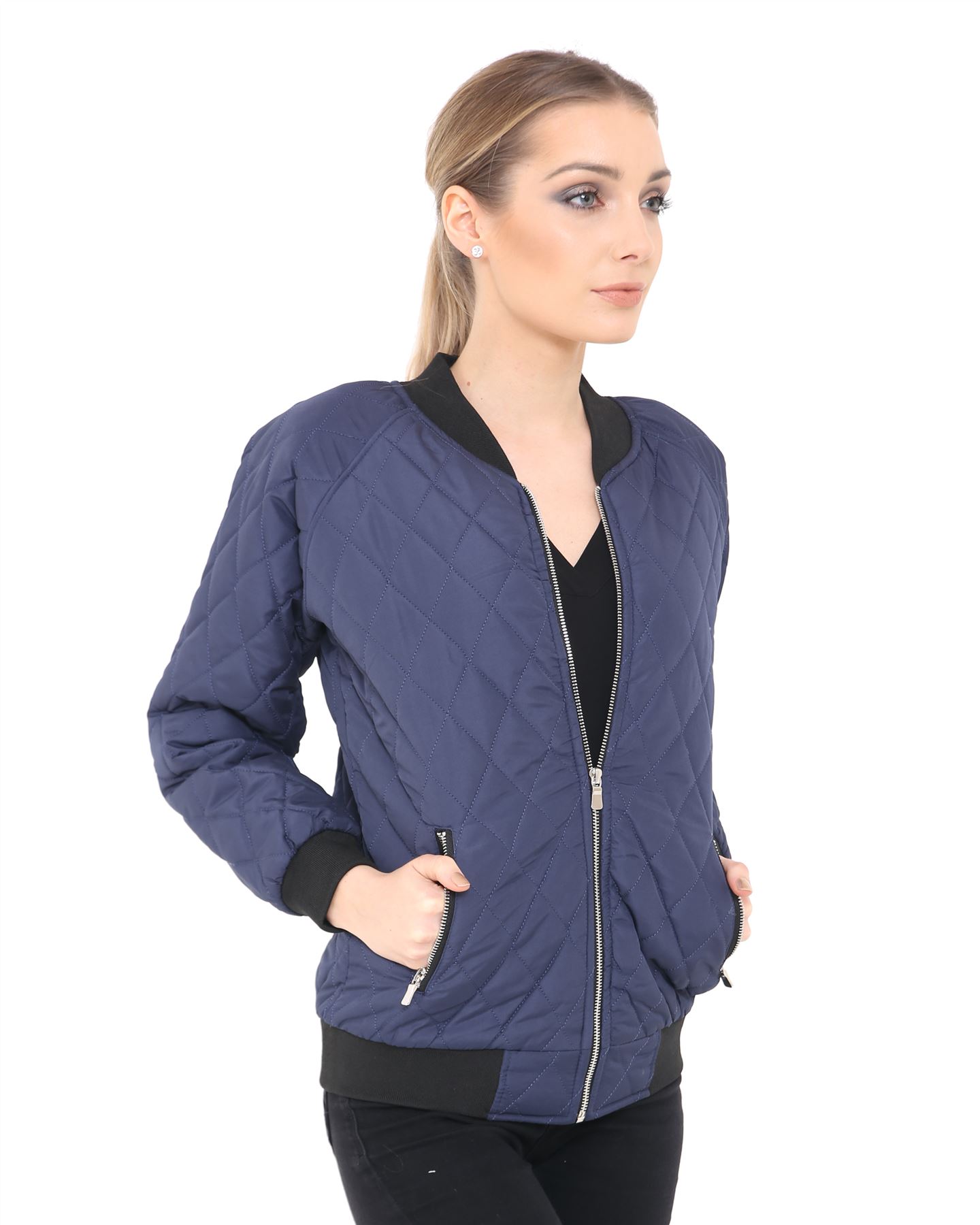 Ladies Women Quilted Padded Bomber Puffer Zip Puffa Coat Jacket Ribbed Top 8-14 - Picture 5 of 8