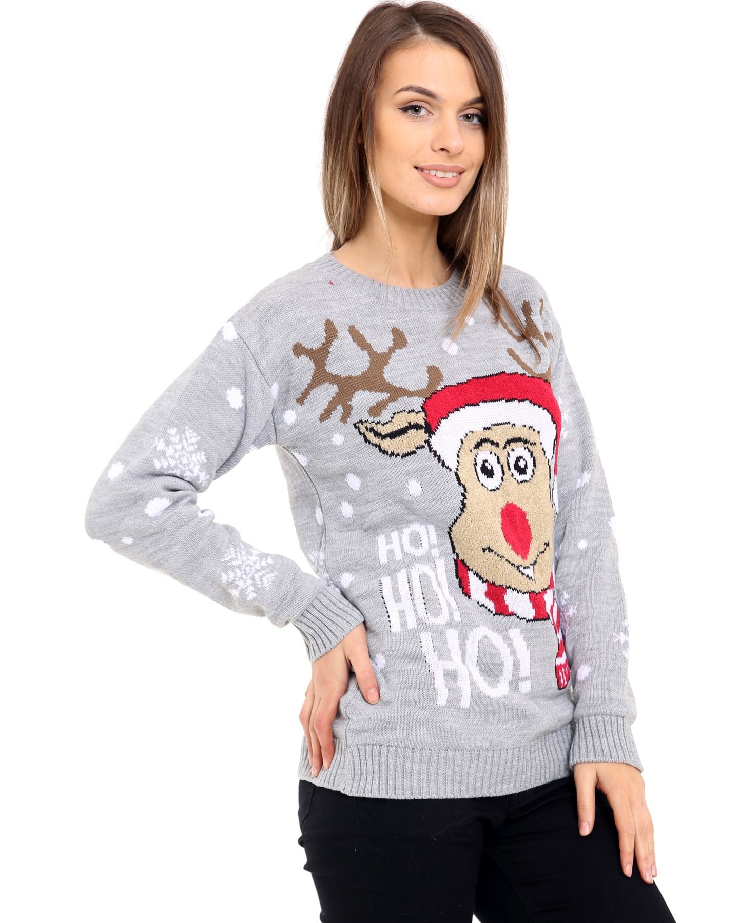 Ladies Women Knitted Reindeer HoHoHo Christmas Xmas Kids Chunky Knit Jumper Top - Picture 9 of 14