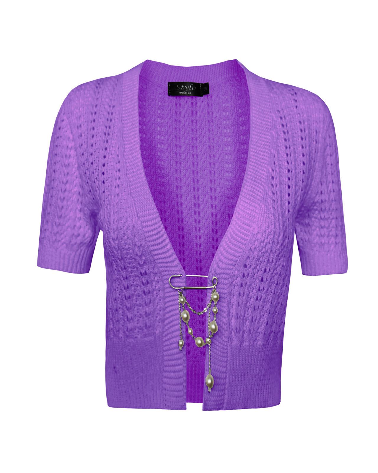 Ladies Womens knitted Short Sleeves Brooched CARDIGAN New Shrug Crop TOP 8-16 - Picture 20 of 22