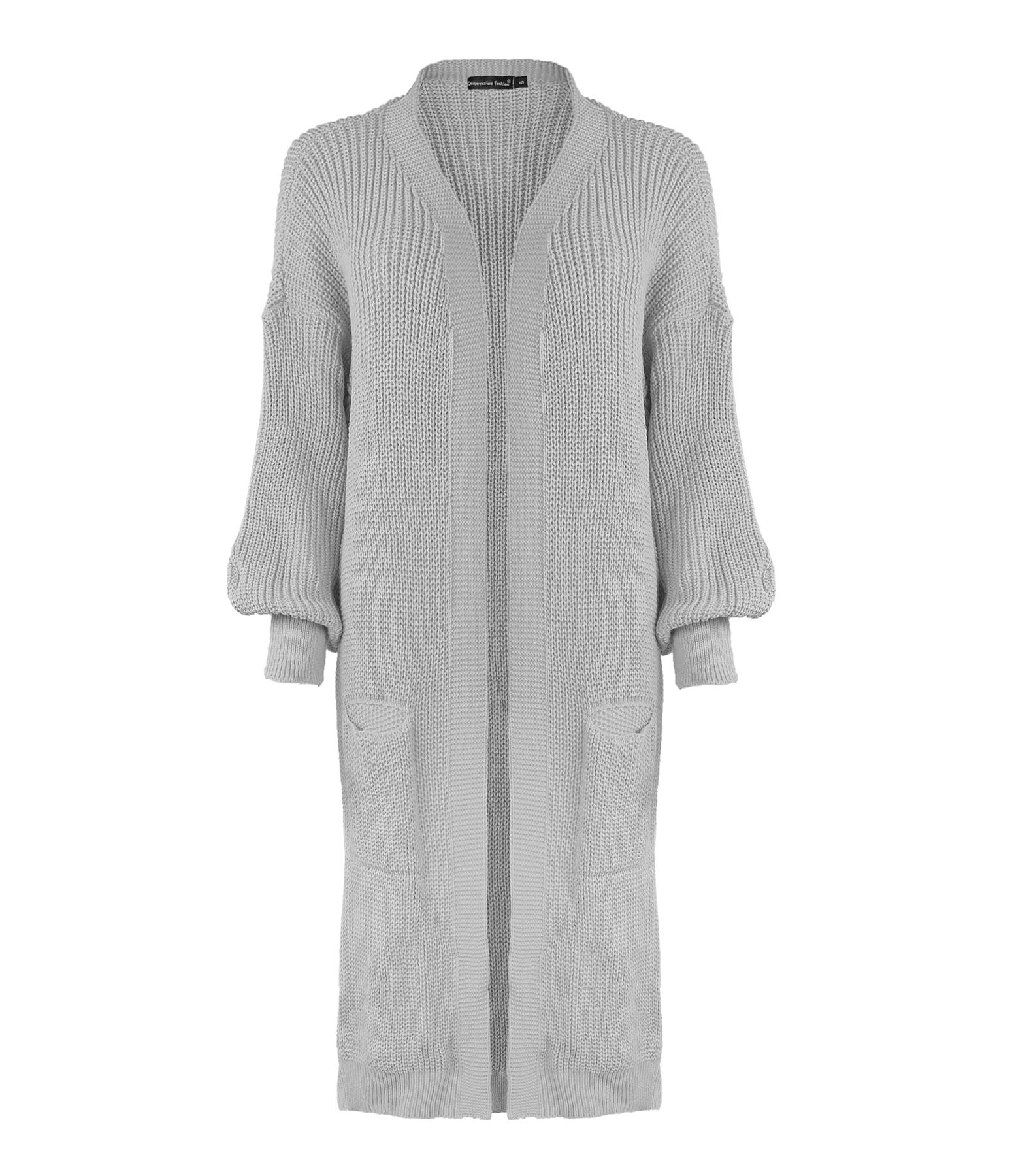 Ladies Women Knitted Balloon Sleeve Boyfriend Open Front Long Cardigan Dress Top - Picture 18 of 23