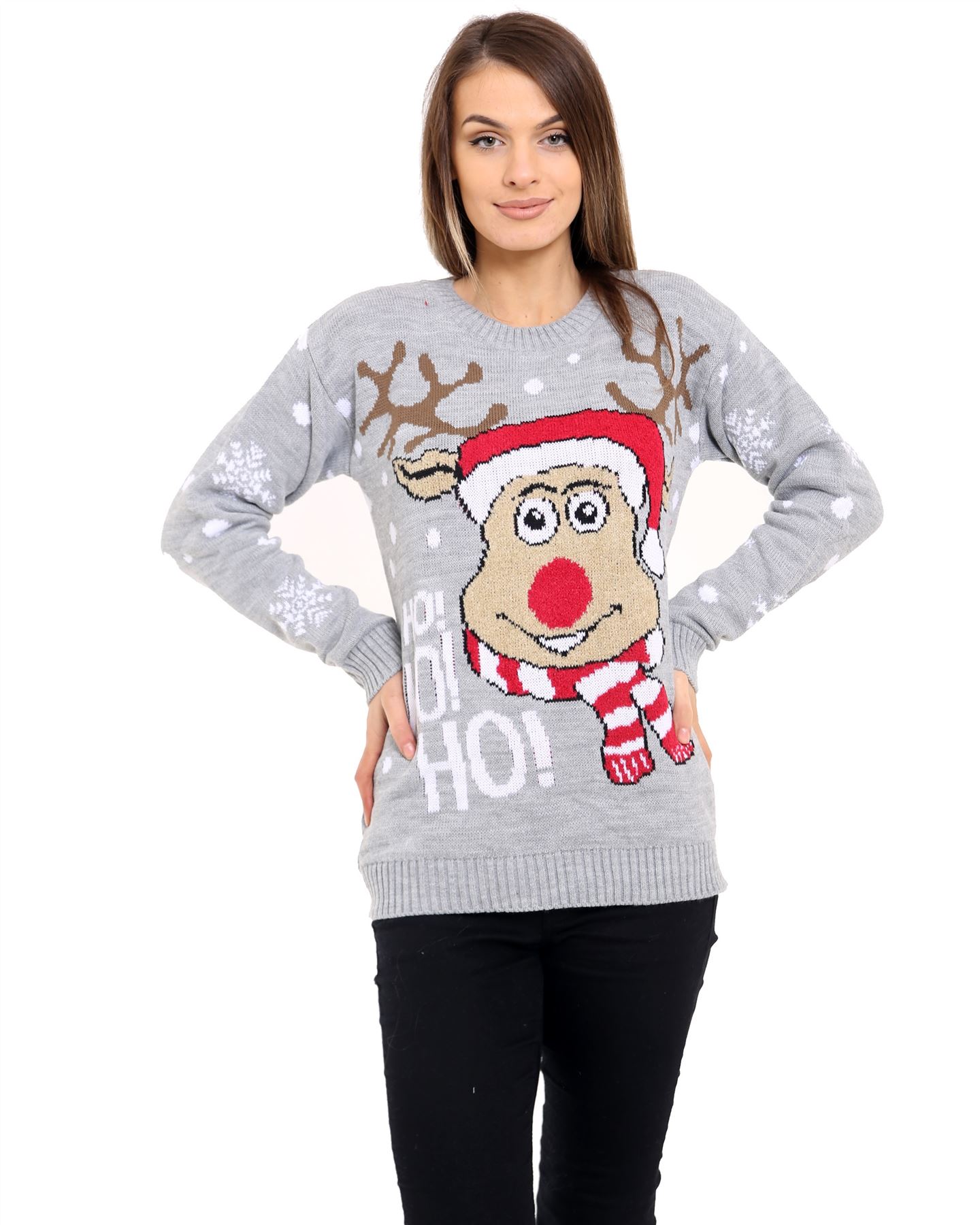 Ladies Women Knitted Reindeer HoHoHo Christmas Xmas Kids Chunky Knit Jumper Top - Picture 8 of 14