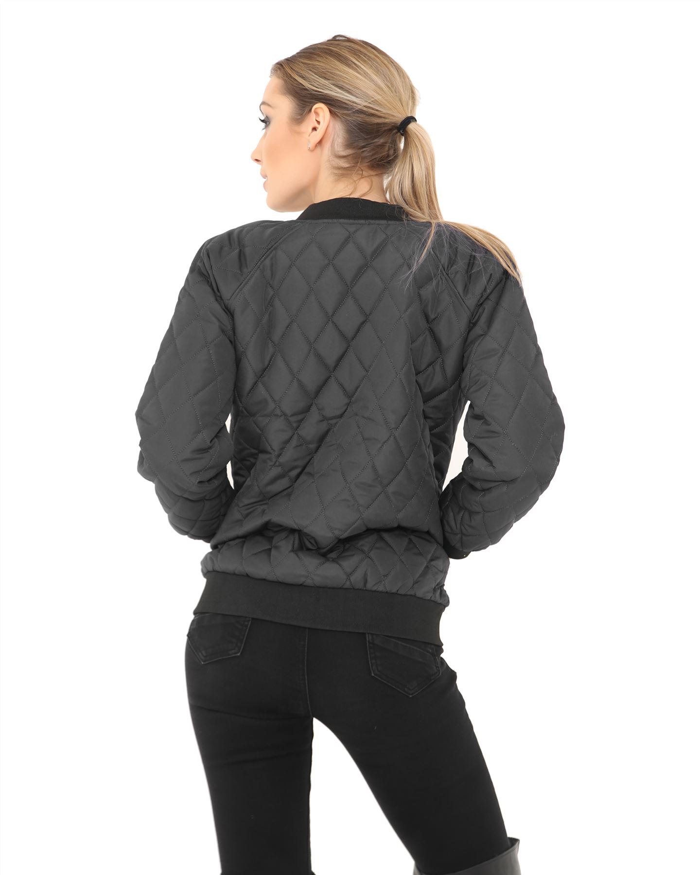Ladies Women Quilted Padded Bomber Puffer Zip Puffa Coat Jacket Ribbed Top 8-14 - Picture 4 of 8