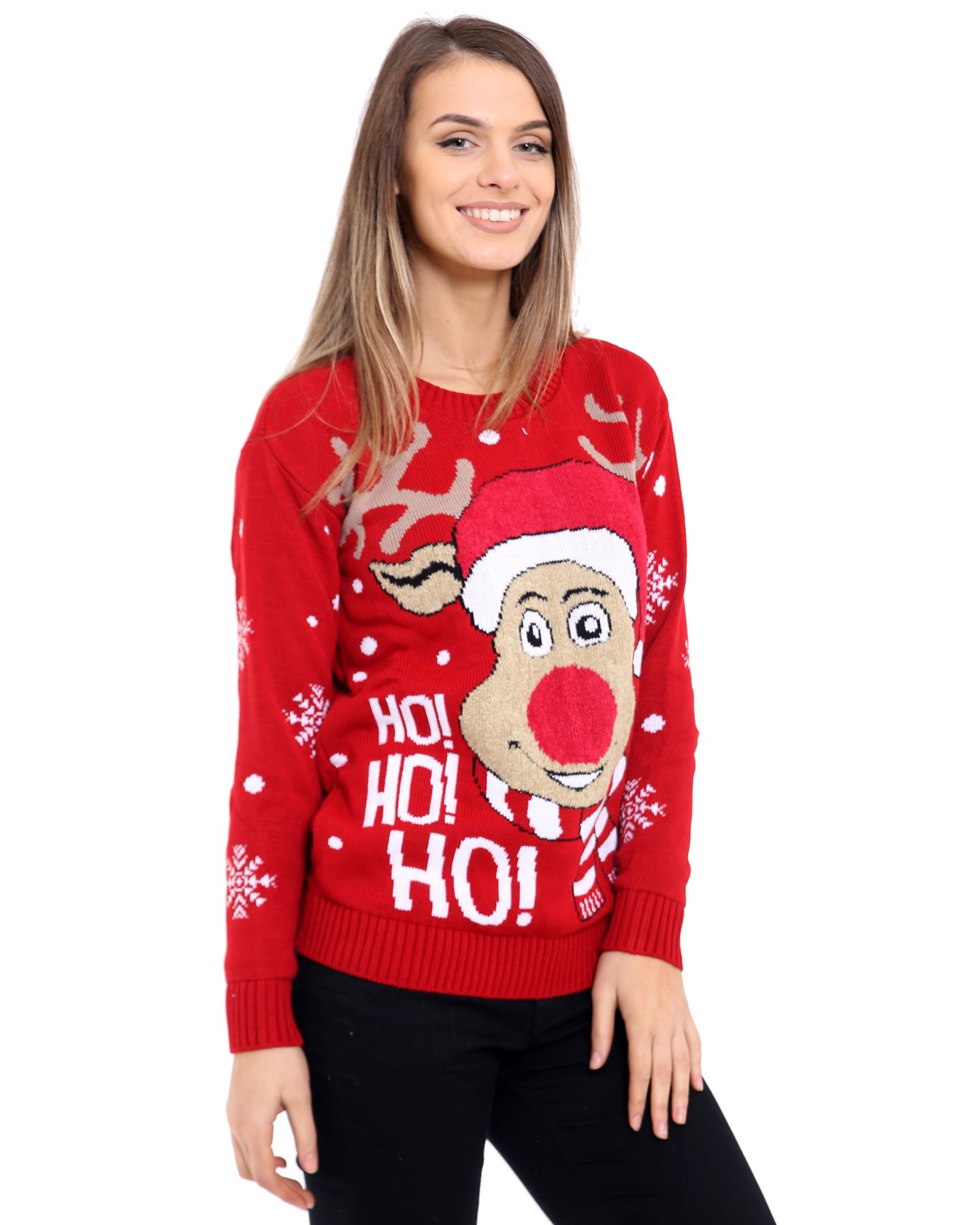 Ladies Women Knitted Reindeer HoHoHo Christmas Xmas Kids Chunky Knit Jumper Top - Picture 4 of 14