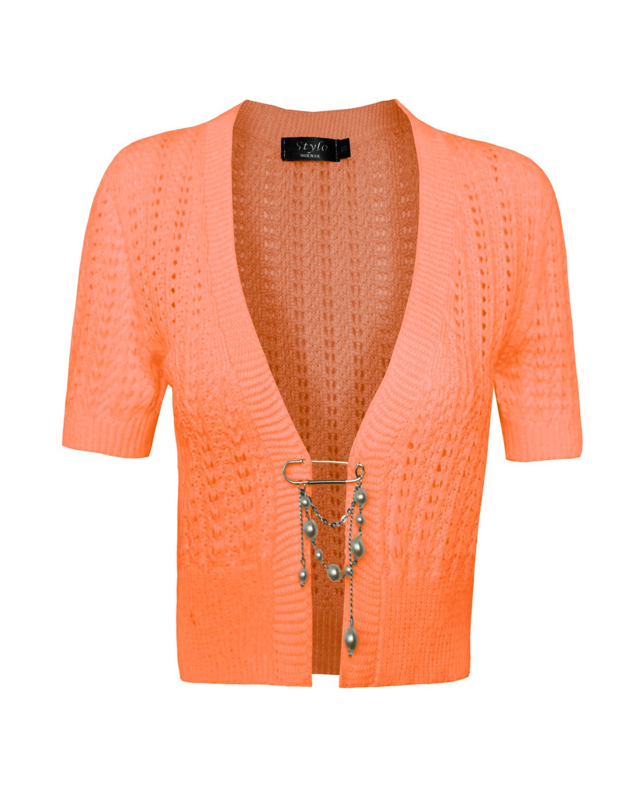 Ladies Womens knitted Short Sleeves Brooched CARDIGAN New Shrug Crop TOP 8-16 - Picture 13 of 22