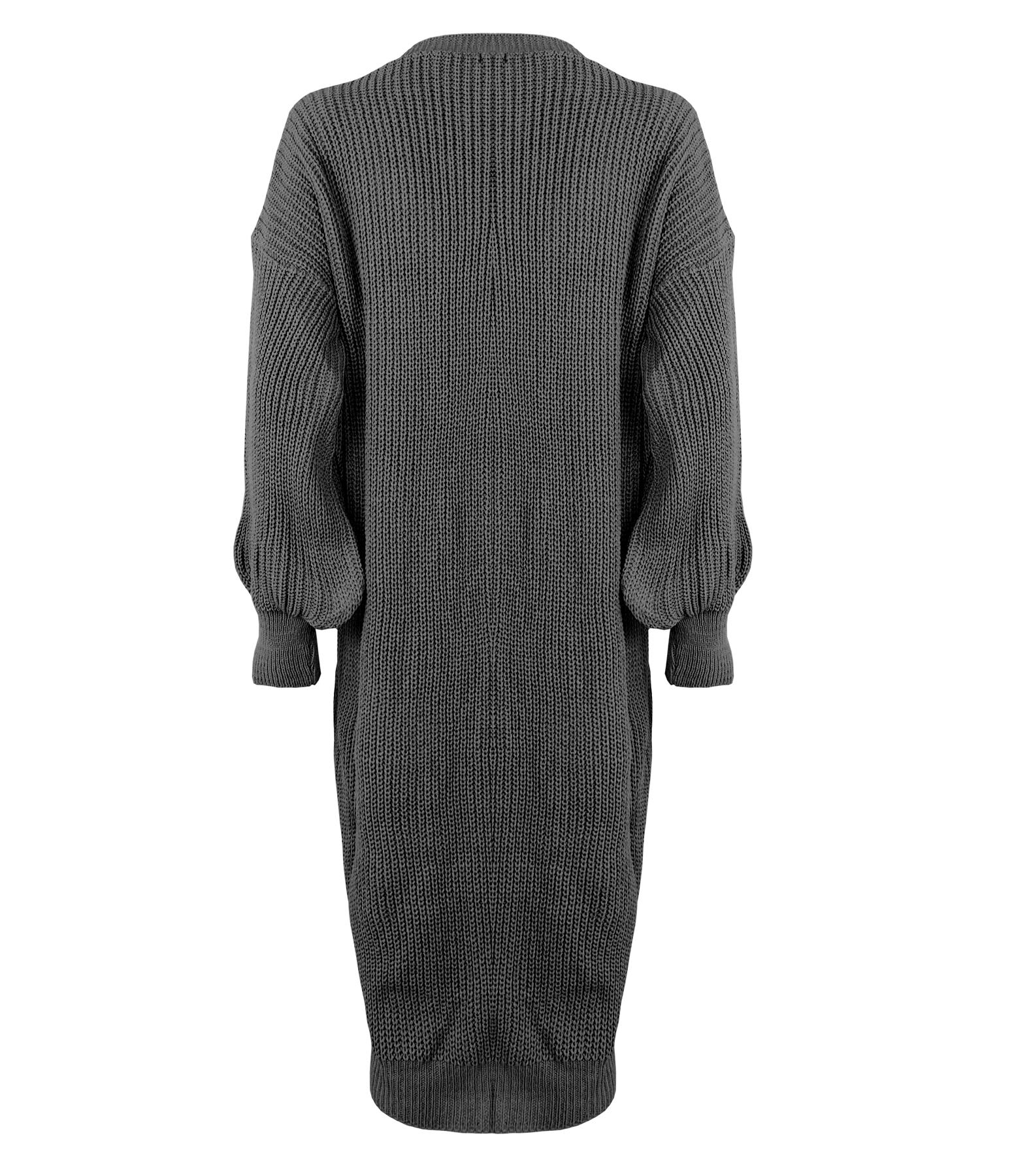 Ladies Women Knitted Balloon Sleeve Boyfriend Open Front Long Cardigan Dress Top - Picture 4 of 23