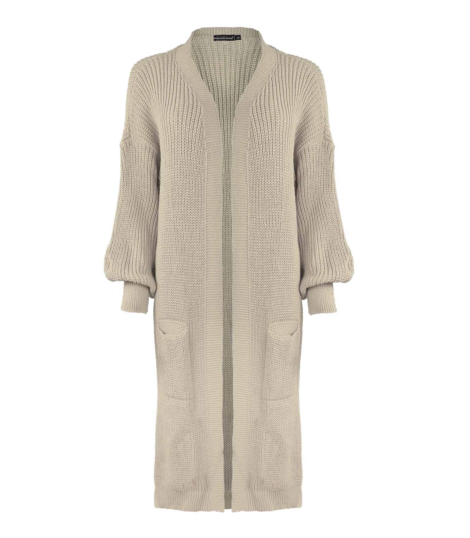 Ladies Women Knitted Balloon Sleeve Boyfriend Open Front Long Cardigan Dress Top - Picture 21 of 23
