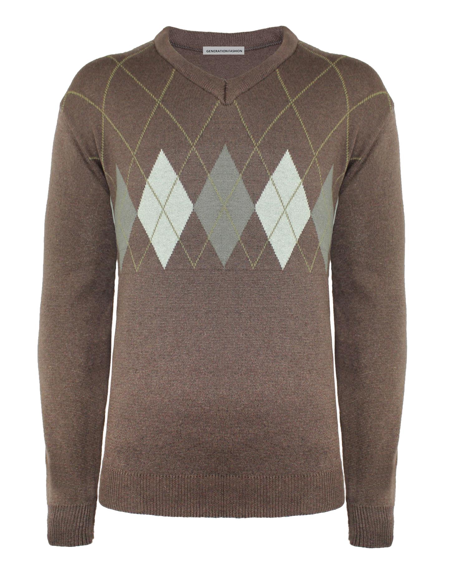 New Men Knitted V-Neck Argyle Diamond Pattern Jumper Sweater Golf Bowling  Top