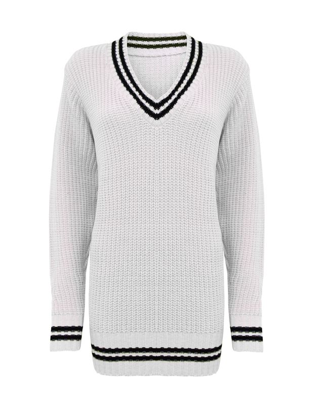 Ladies Womens Knitted Over Sized Fisher Knit V Neck Cricket Jumper Top