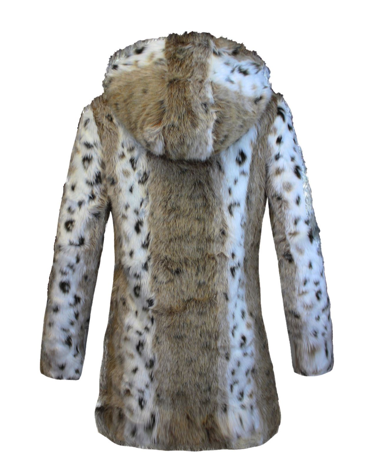LADIES WOMENS FAUX FUR POM POM HOODED ANIMAL PRINT JACKET POCKETED COAT