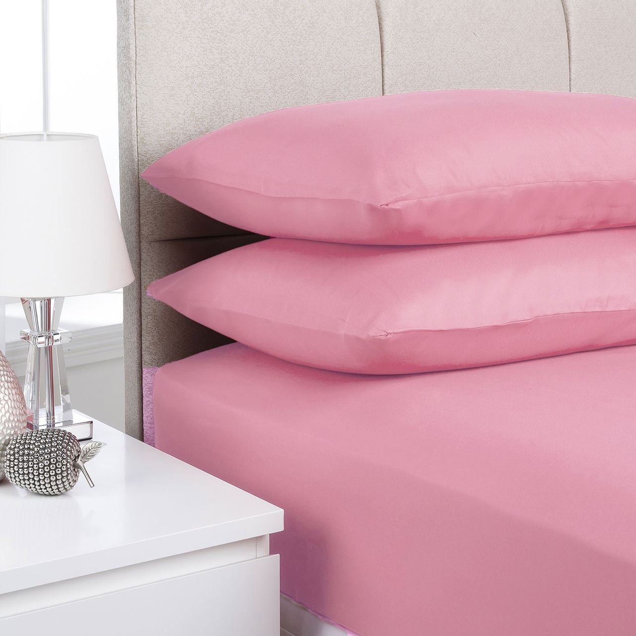 2 x Pillow Case Polycotton Fitted Sheet Matching Plain Color Pair