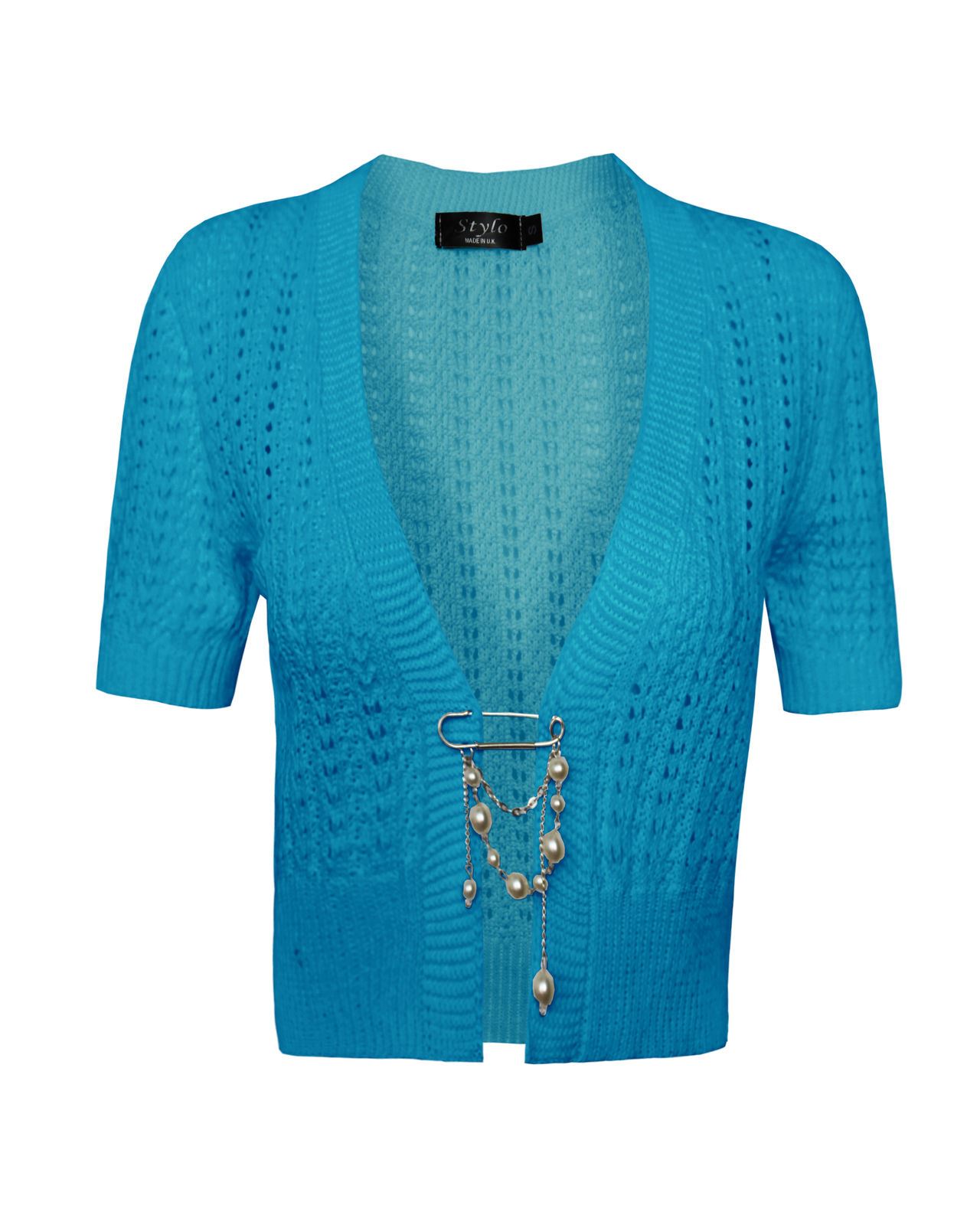 Ladies Womens knitted Short Sleeves Brooched CARDIGAN New Shrug Crop TOP 8-16 - Picture 6 of 22