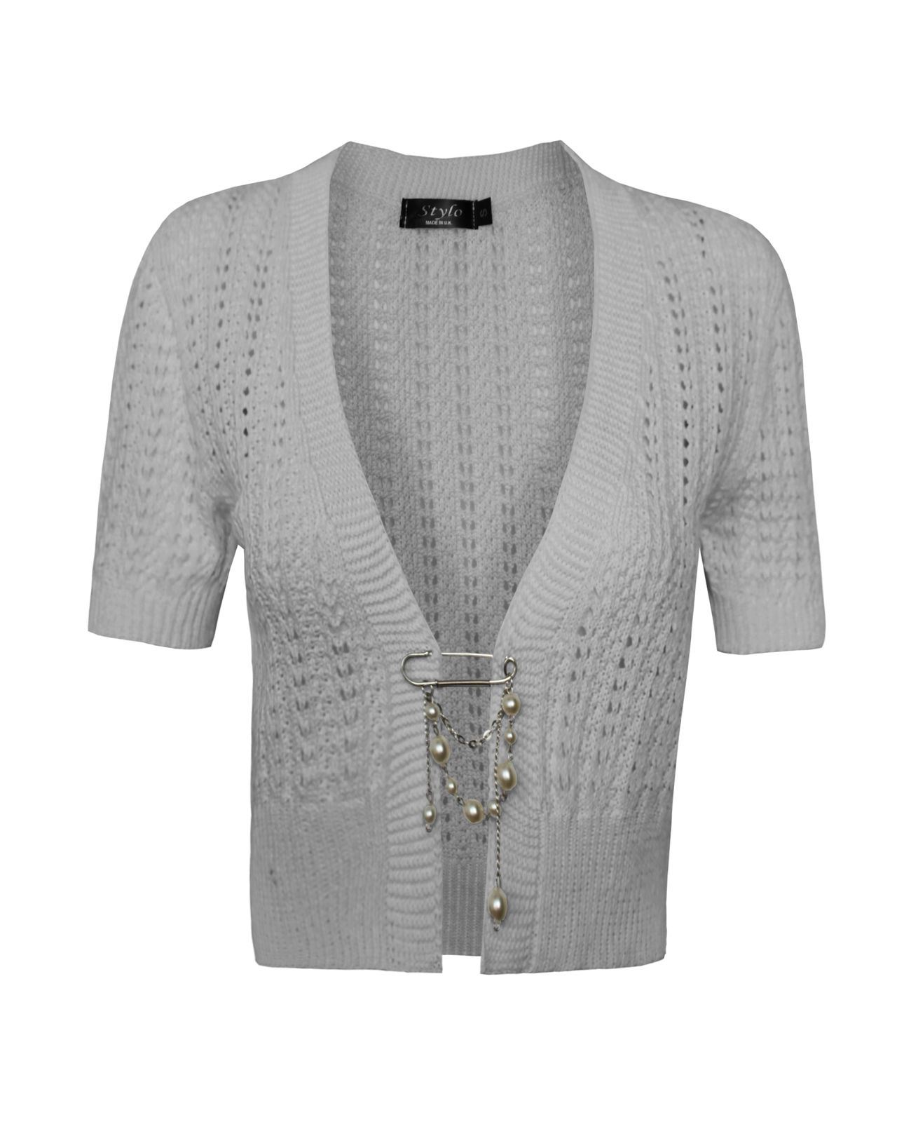 Ladies Womens knitted Short Sleeves Brooched CARDIGAN New Shrug Crop TOP 8-16 - Picture 16 of 22