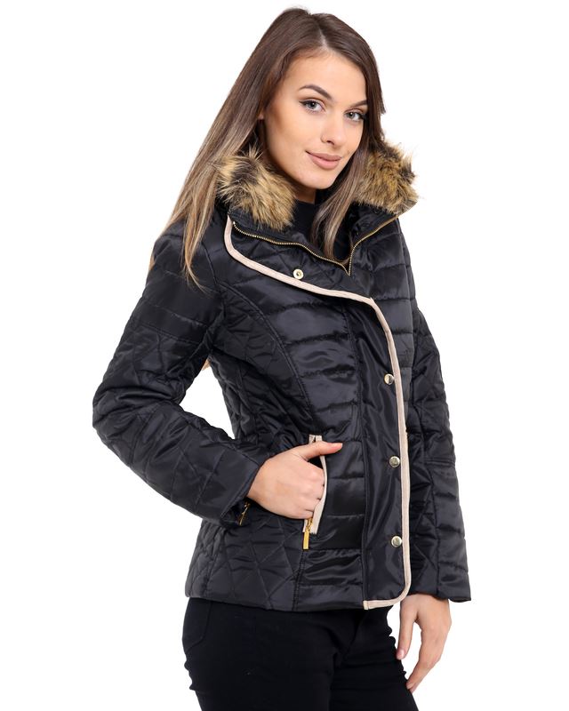 Ladies Womens Faux Fur Collar Quilted Padded Jacket Button Zip Coat