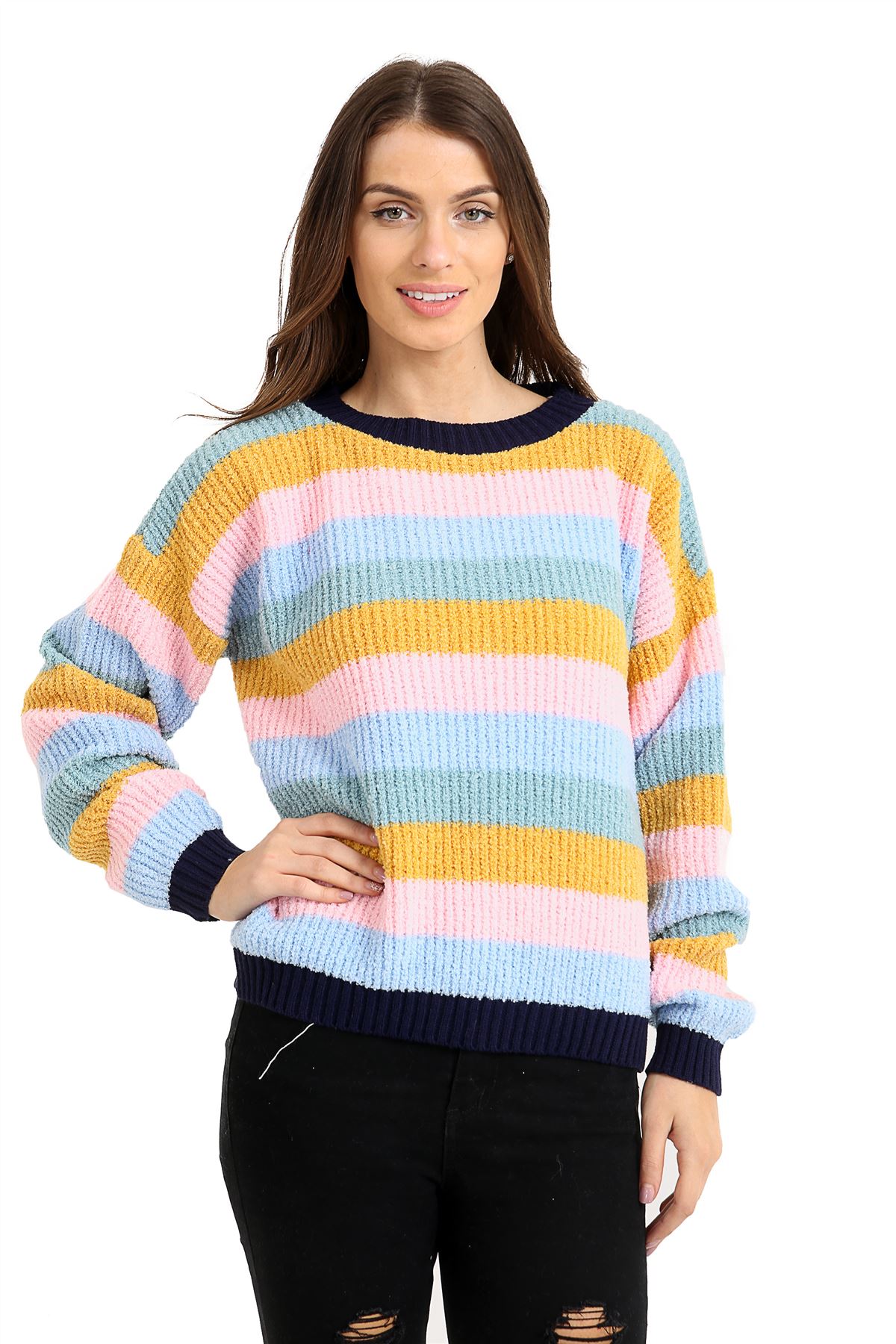 New Knitted Multi Stripe Long Sleeve Crew Neck Ladies Women Jumper Top Sweater | eBay