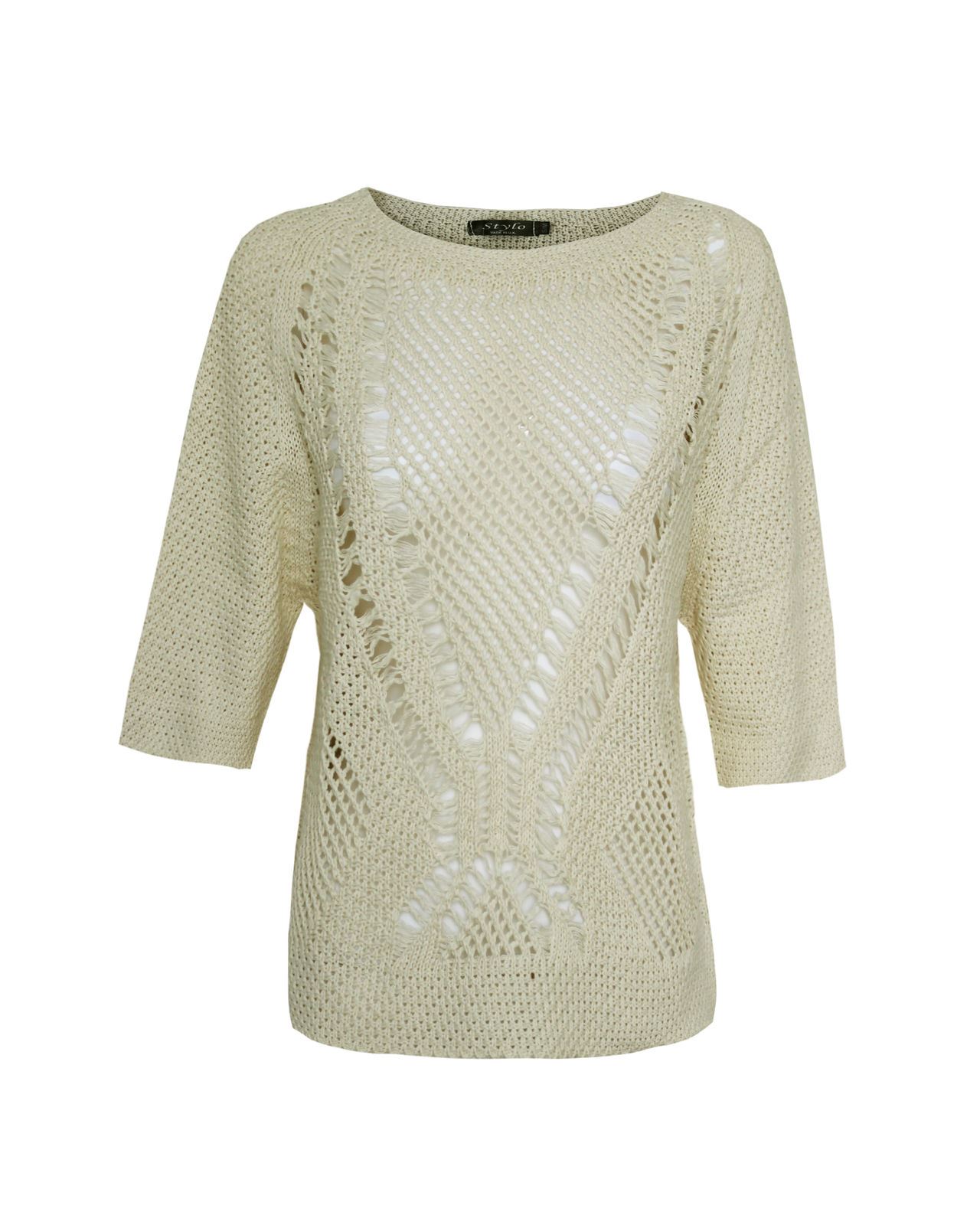 LADIES WOMEN CROCHET BATWING SHORT SLEEVE HOLEY KNIT FISHERMAN JUMPER TOP 8-14 - Picture 3 of 5