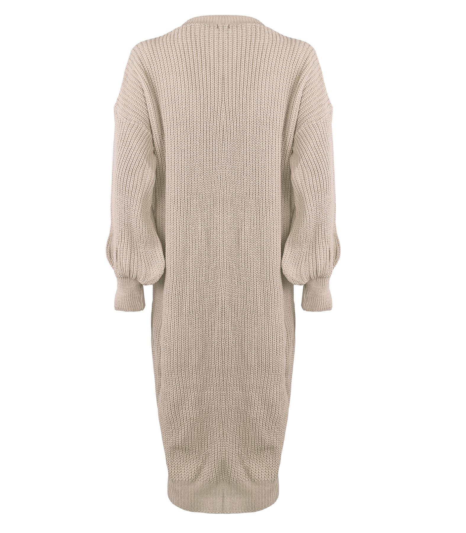 Ladies Women Knitted Balloon Sleeve Boyfriend Open Front Long Cardigan Dress Top - Picture 23 of 23