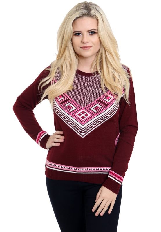New Ladies Women Knitted Long Sleeve Crew Neck Fairisle Aztec Jumper Top Sweater - Picture 2 of 6