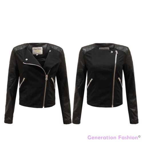 New Ladies Faux Leather Contrast Zip Lined Womens Pu Pvc Crop Biker Jacket 8-14 - Picture 4 of 4