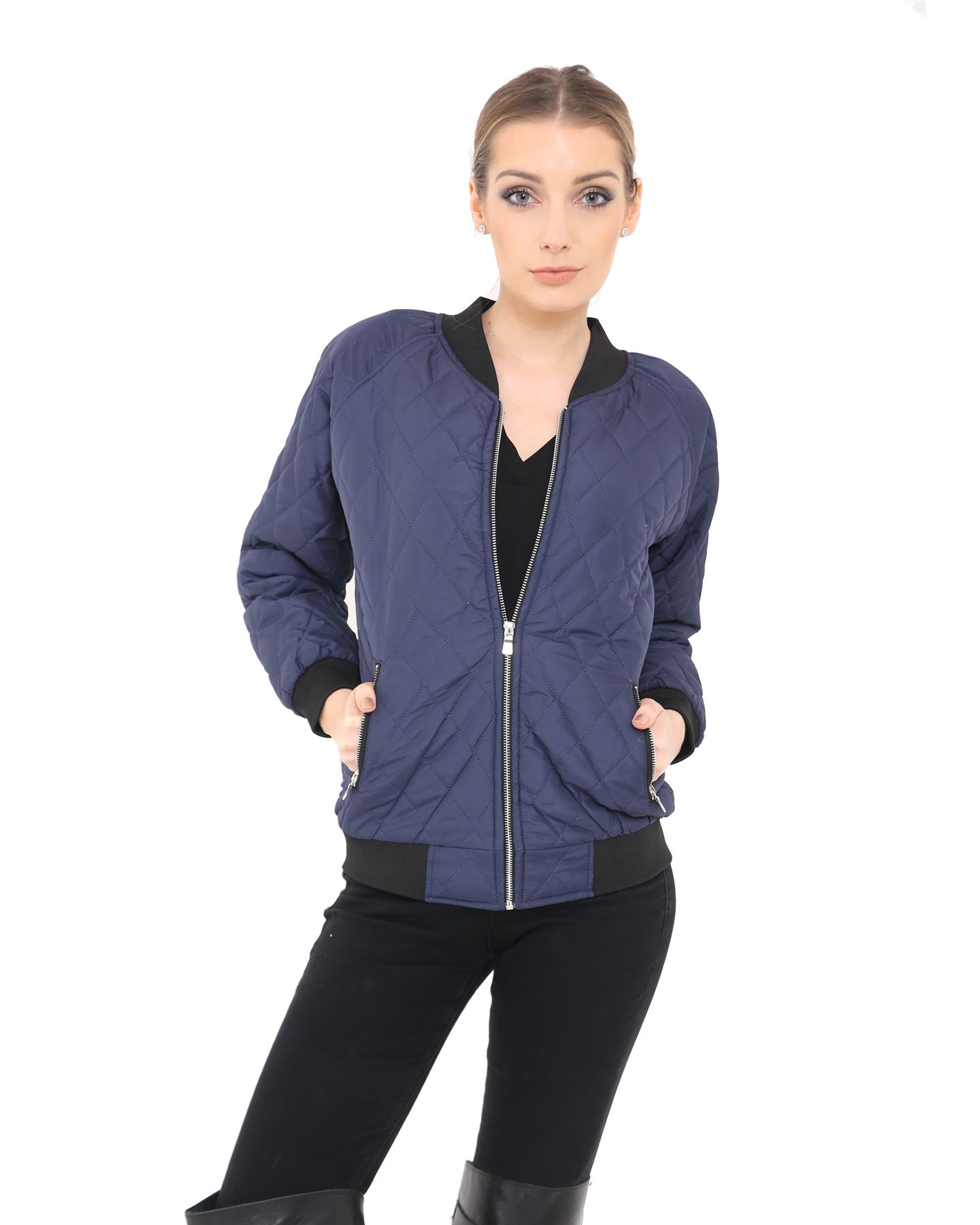 Ladies Women Quilted Padded Bomber Puffer Zip Puffa Coat Jacket Ribbed Top 8-14 - Picture 6 of 8