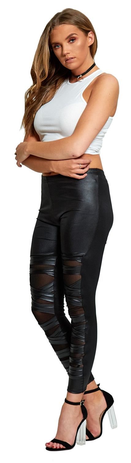 New Womens Black Skinny Wet Look Cut Out Mesh Leggings Pants 6-12