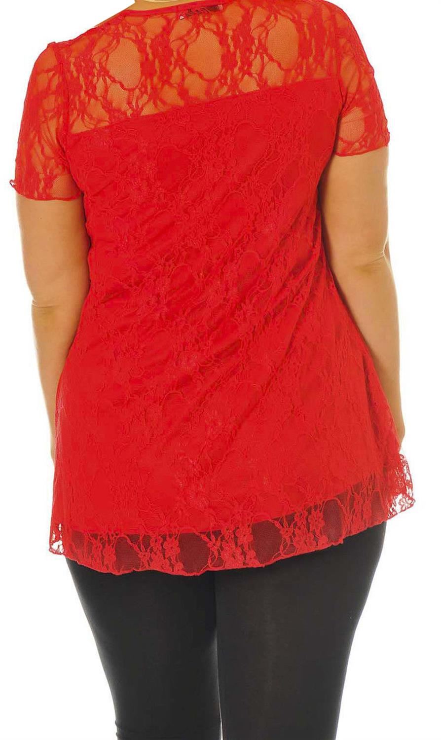 Ladies Plus Size Short Sleeve Floral Lace Lined Detail Partywear Tunic Top 14-28