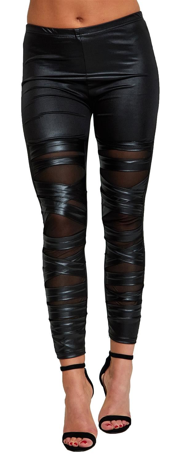 Neu Damen Mesh Kreuz Leder Guckt Mal Leggings PVC Dünn Hosen 34-40
