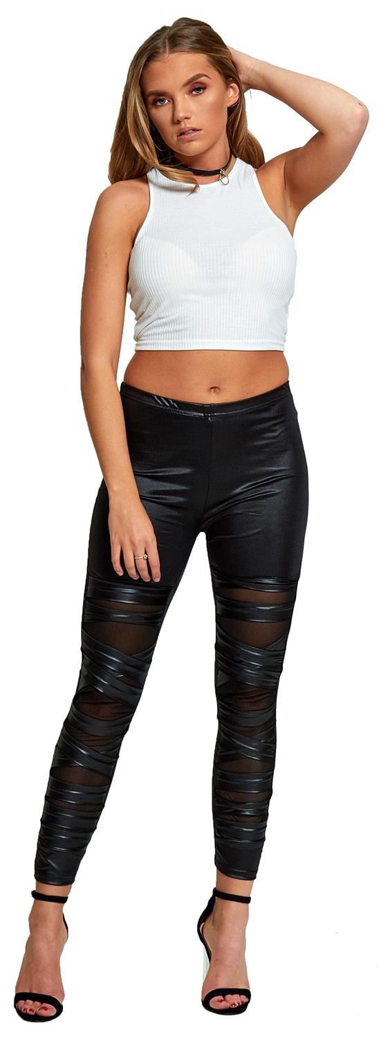 Neu Damen Mesh Kreuz Leder Guckt Mal Leggings PVC Dünn Hosen 34-40