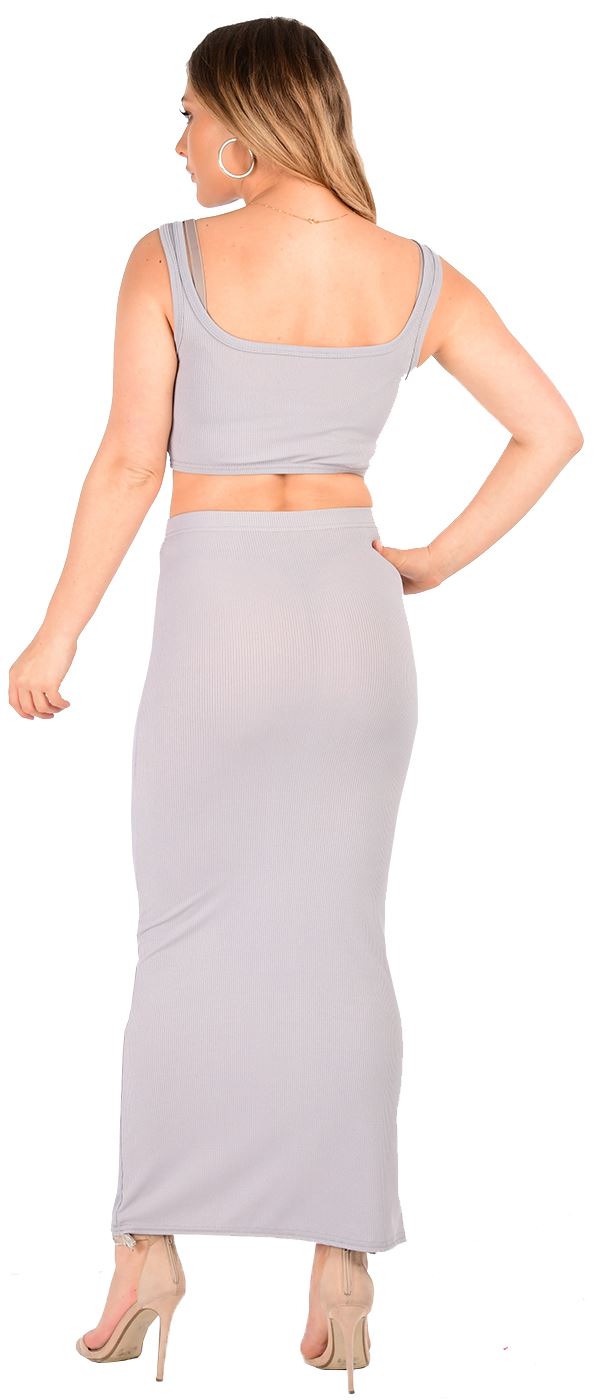 New Ladies Ribbed Two Piece Crop Top Long Pencil Skirt CoOrd Suit Set