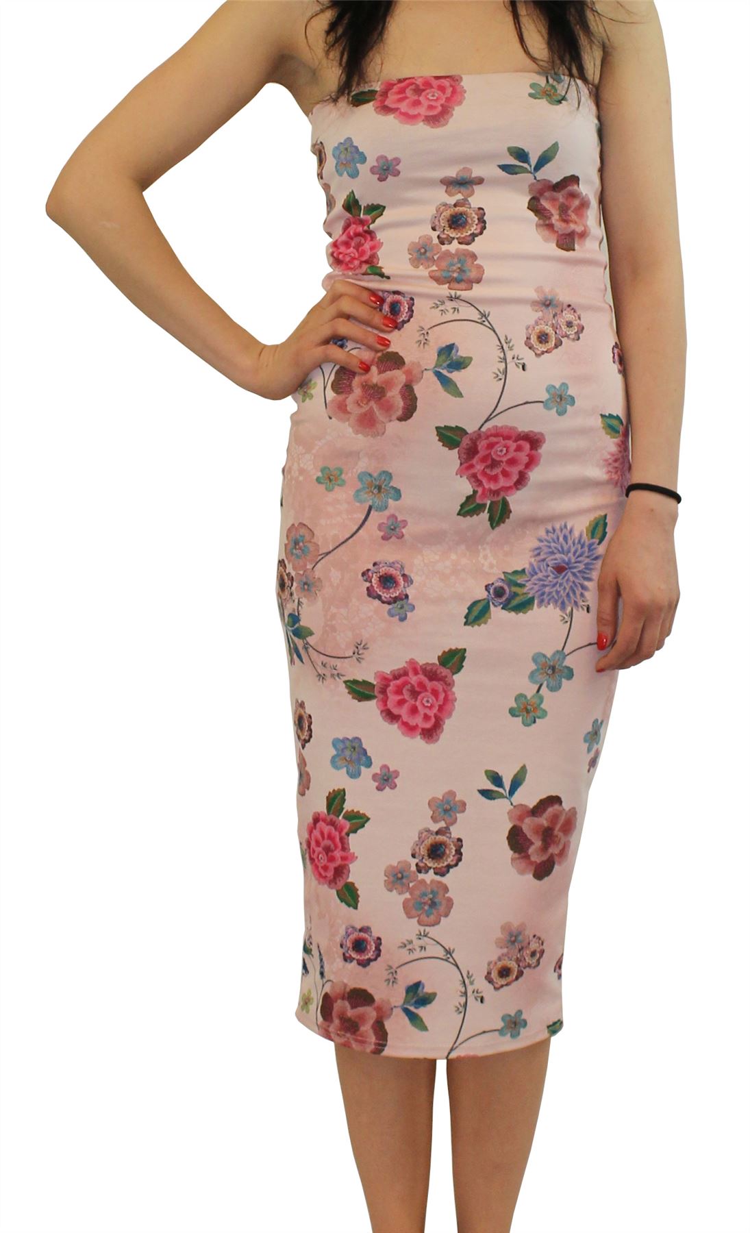 LADIES STRAPLESS BOOB Tube Bodycon Midi Dress Printed Bandeau Floral Dress 822 £11.99 PicClick UK