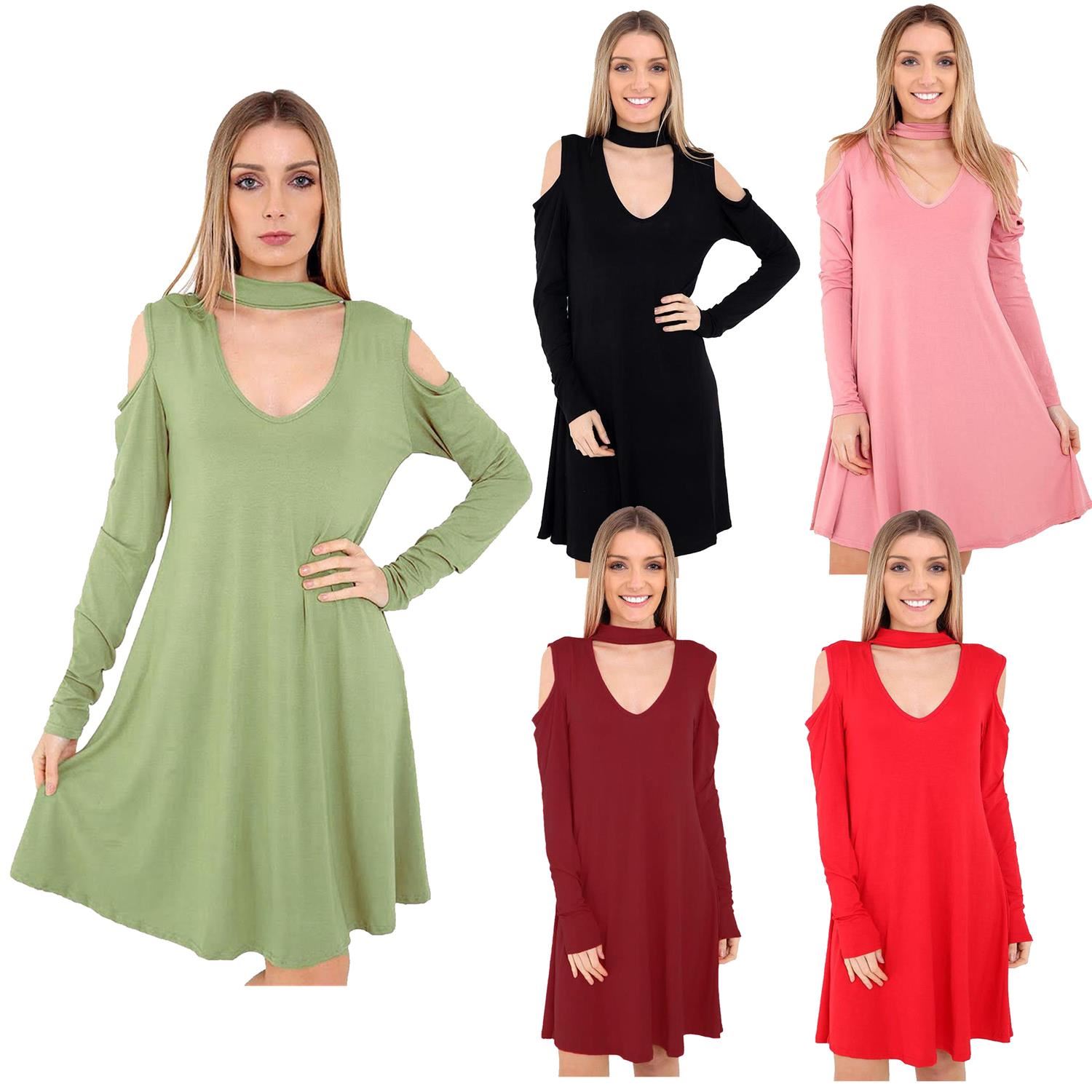 Women Ladies Choker Neck Cut Out Cold Shoulder Swing Flared A Line Skater Dress
