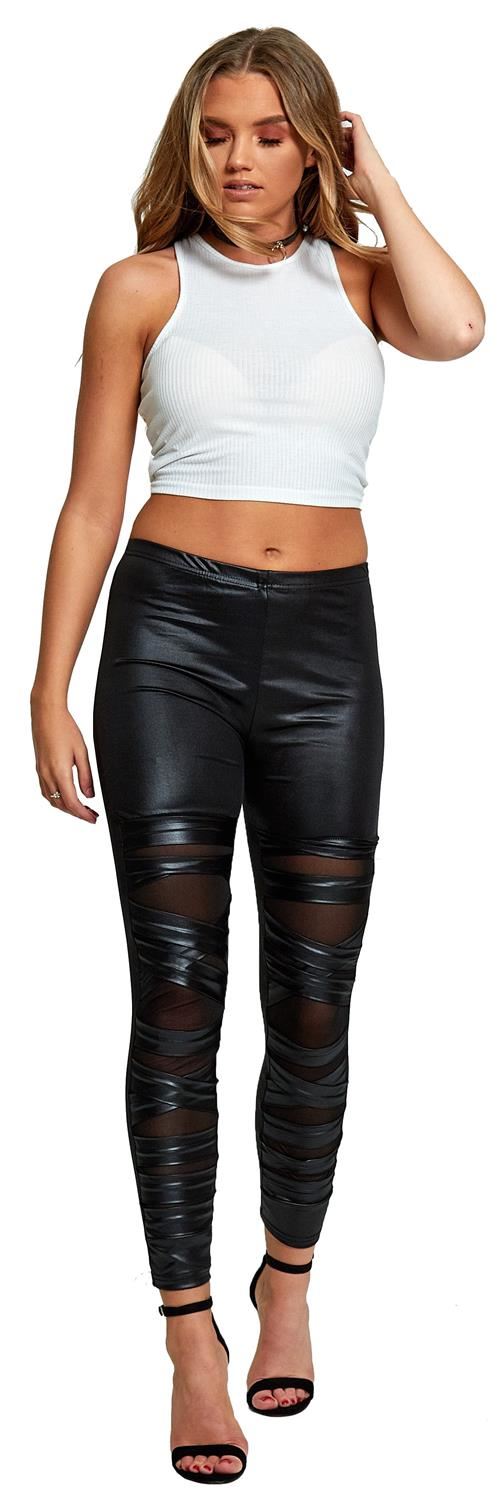 Neu Damen Mesh Kreuz Leder Guckt Mal Leggings PVC Dünn Hosen 34-40