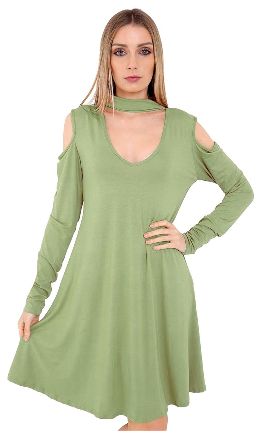 New Ladies Long Sleeve Chocker Neck Flared Swing Dress 8-26