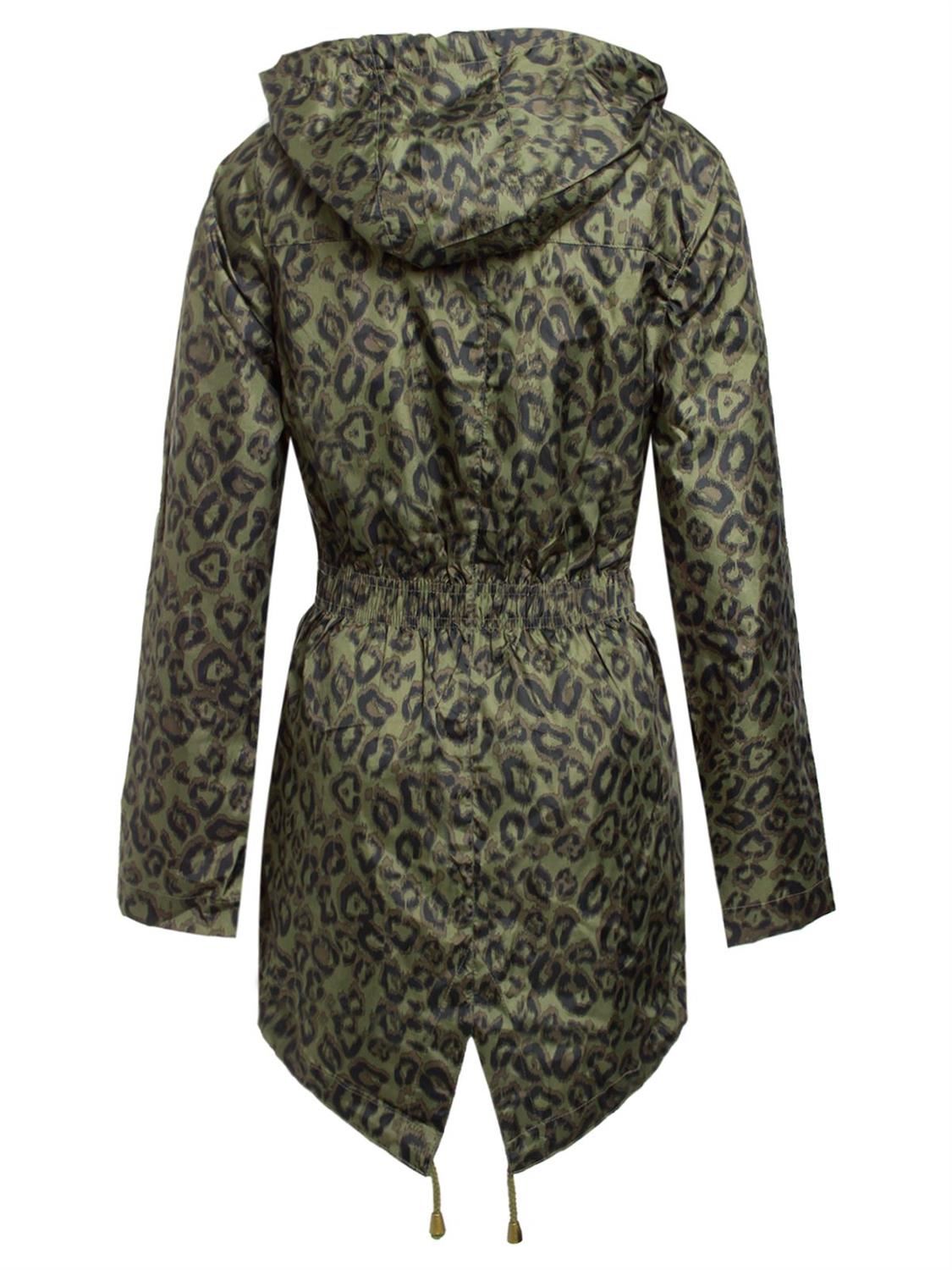 Womens Leopard Print Mac Jacket Fishtail Polyester Parka Hooded Jacket