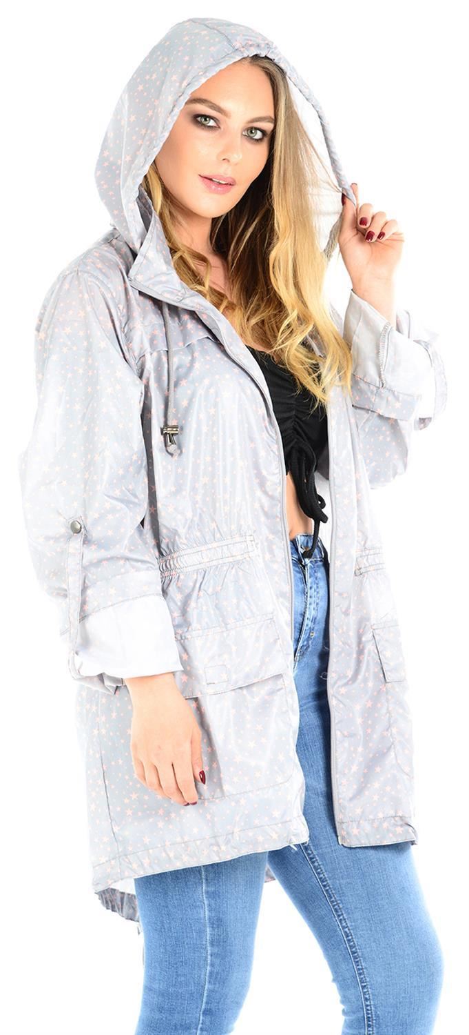 Ladies Plus Size Plain Printed Parka Hooded Fishtail Polyester Mac