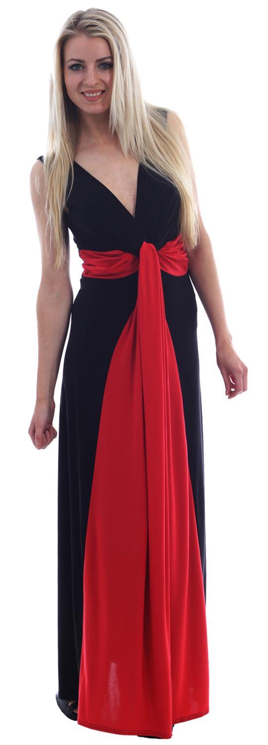 Long Black//Red Floral Print Grecian Knot Panel Maxi Evening Dress Day//Evening