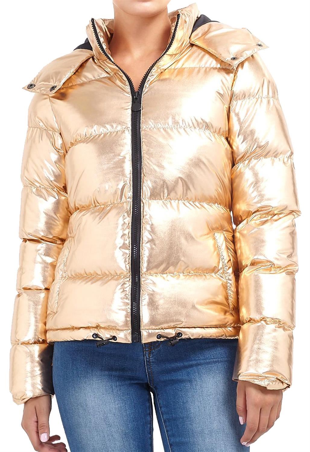 New Womens Sliver Gold Contrast Colour Padded Hooded Puffer Parka Coat