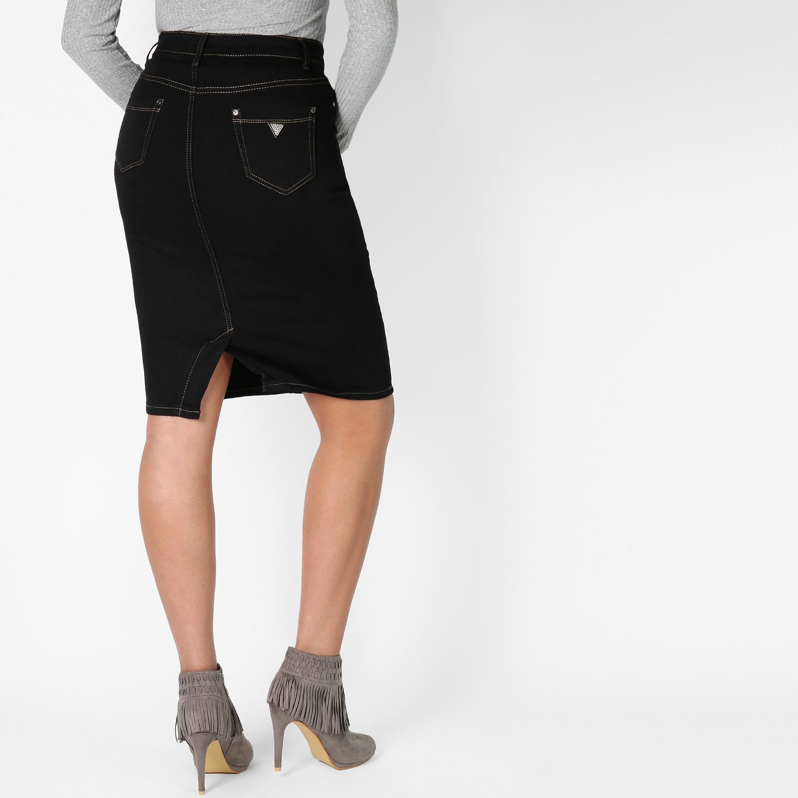 Donna Mini Gonna in denim bianco cotone vita matita medio TG 8 10 12 14 16 18 20