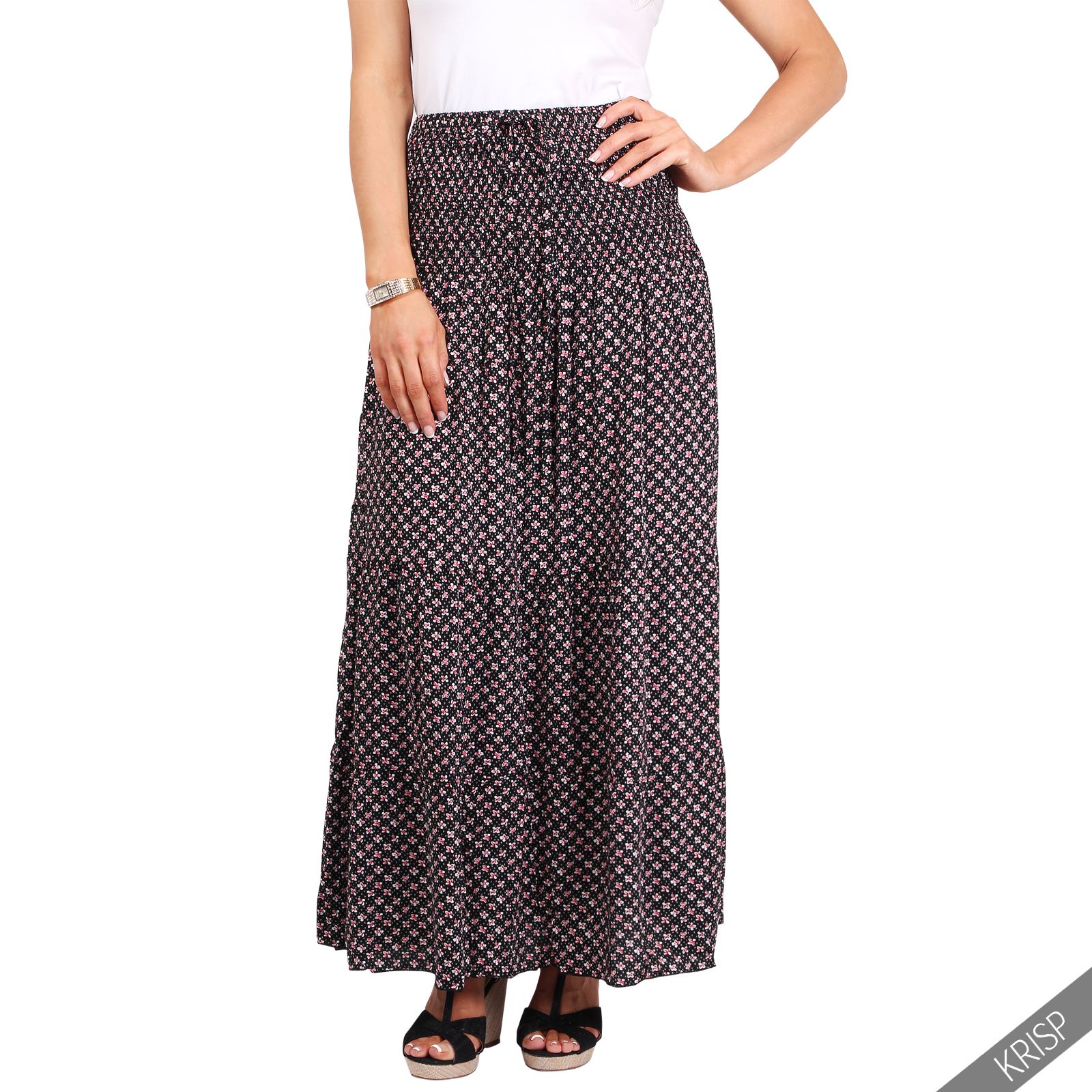 Womens Ladies Floral Tiered Boho Gypsy Pleated Summer Long Maxi Skirt