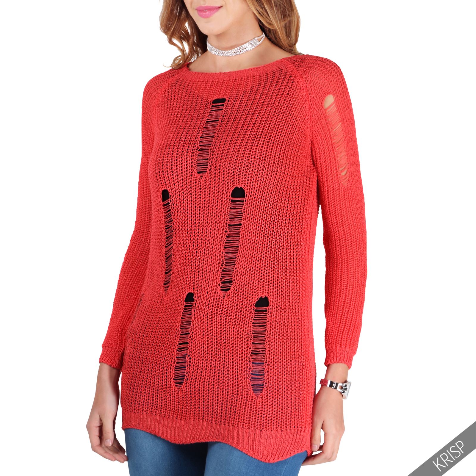 Womens Ladies Distressed Ripped Knit Jumper Long Sweater Top Casual