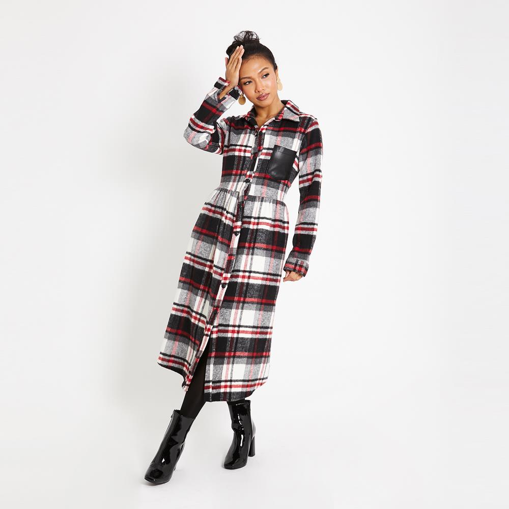Button Flannel Shirt Midi Dress 