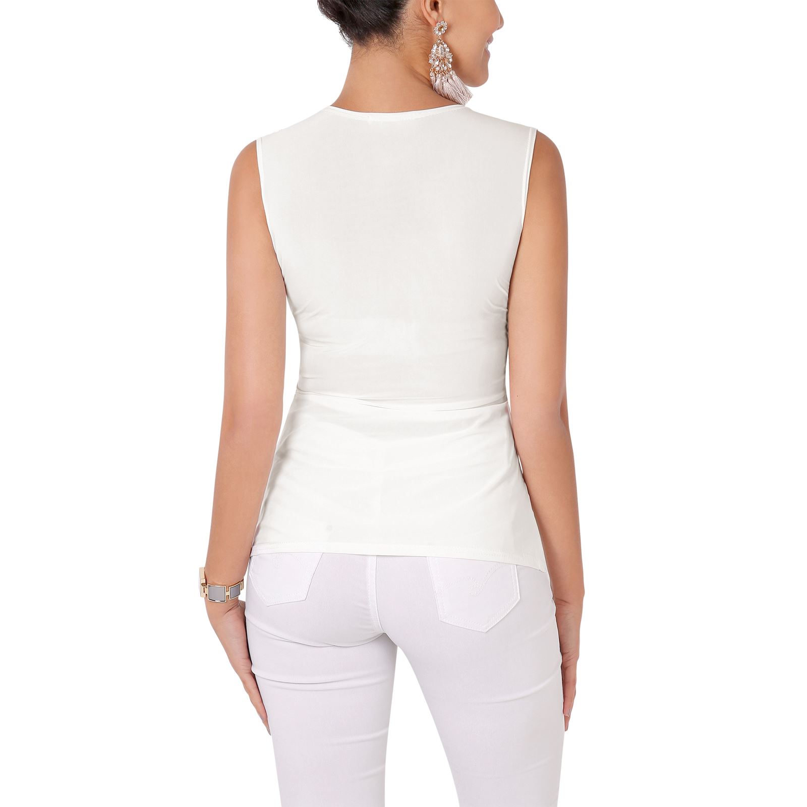 Womens Sleeveless Silky Knot Front Plunge V Neck Blouse Ruched Vest Top