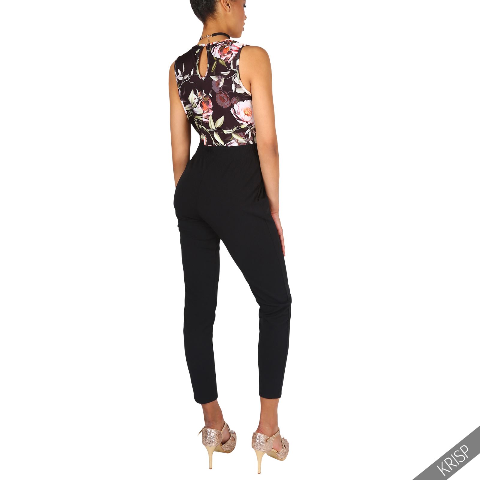 Damen Frauen Jumpsuit mit Blumen Top tiefer überlappender Ausschnitt