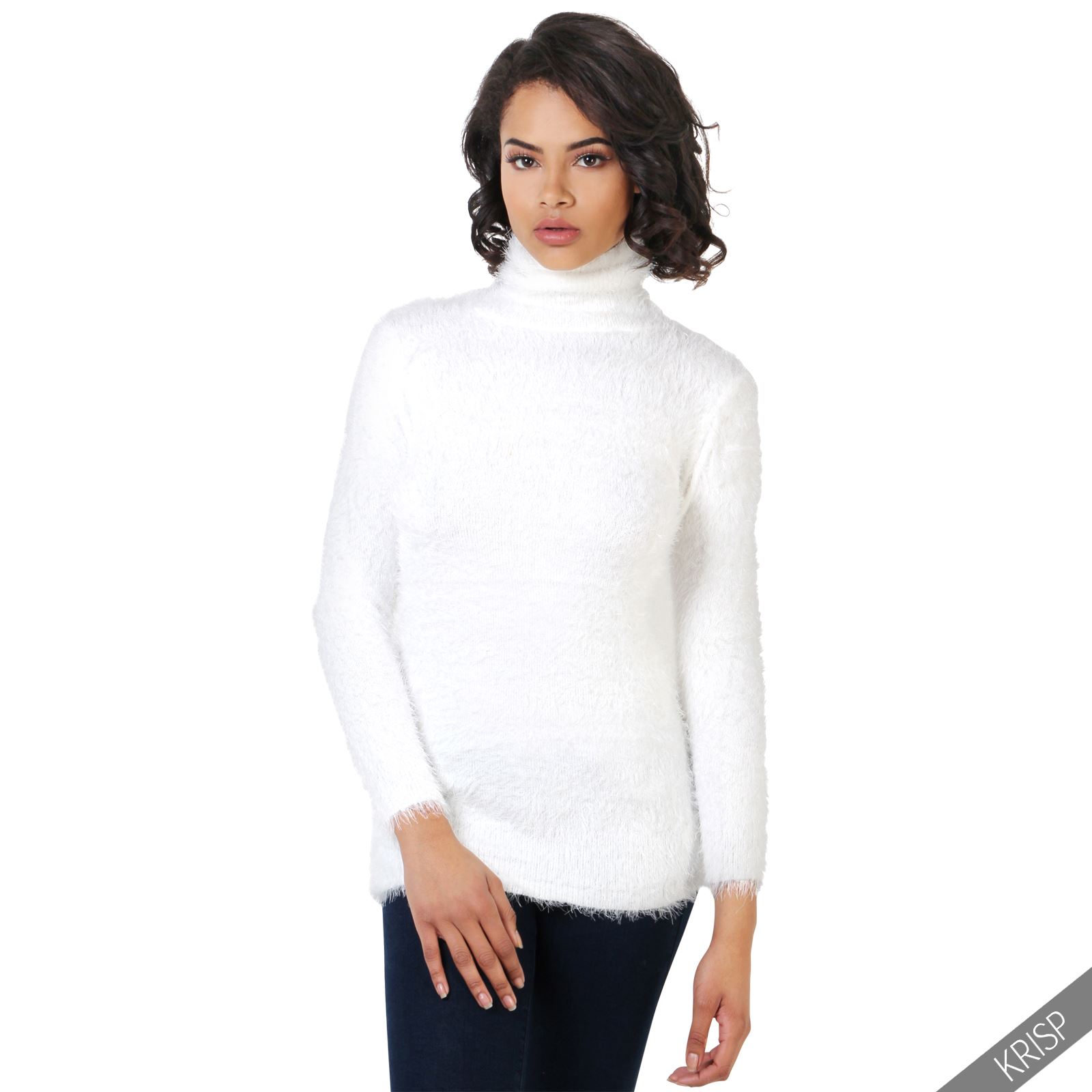 Womens Fluffy Knit Polo Roll Up Turtle Neck Jumper Pullover Ladies Long