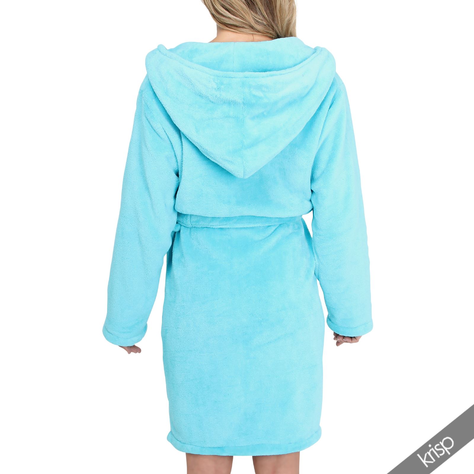 Womens Hooded Fleece Bathrobe Soft Dressing Gown Plain Hoodie Knee