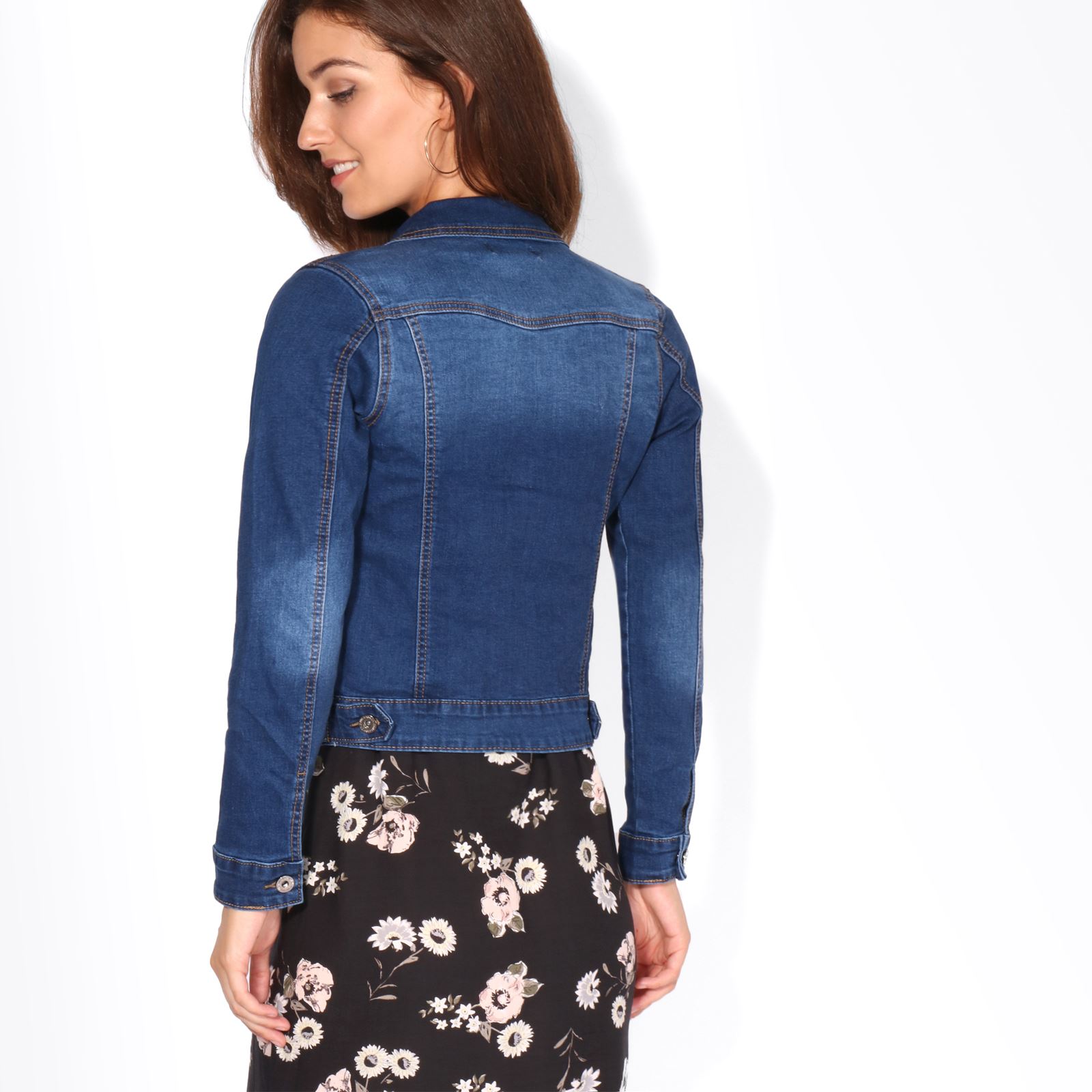 Womens Ladies Light Wash Cropped Waist Fitted Stretch Denim Jacket