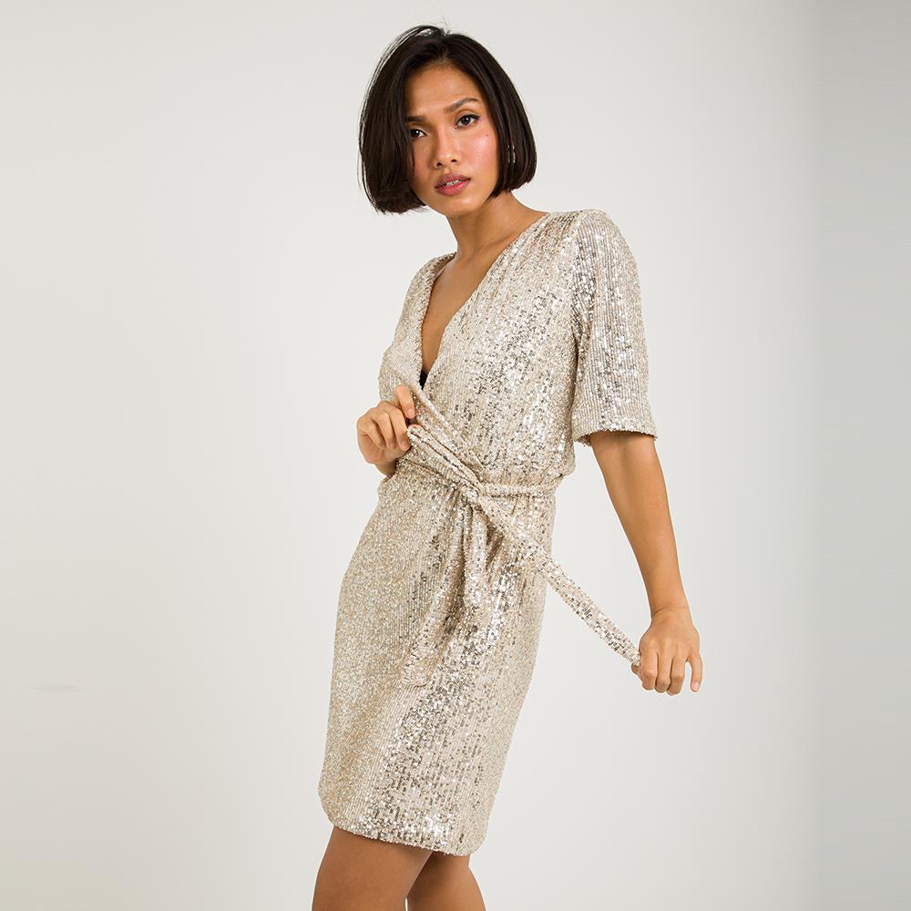 Women Sequin Wrap Front Belted Dress Xmas Party Evening Formal Shiny Pencil  Mini | eBay