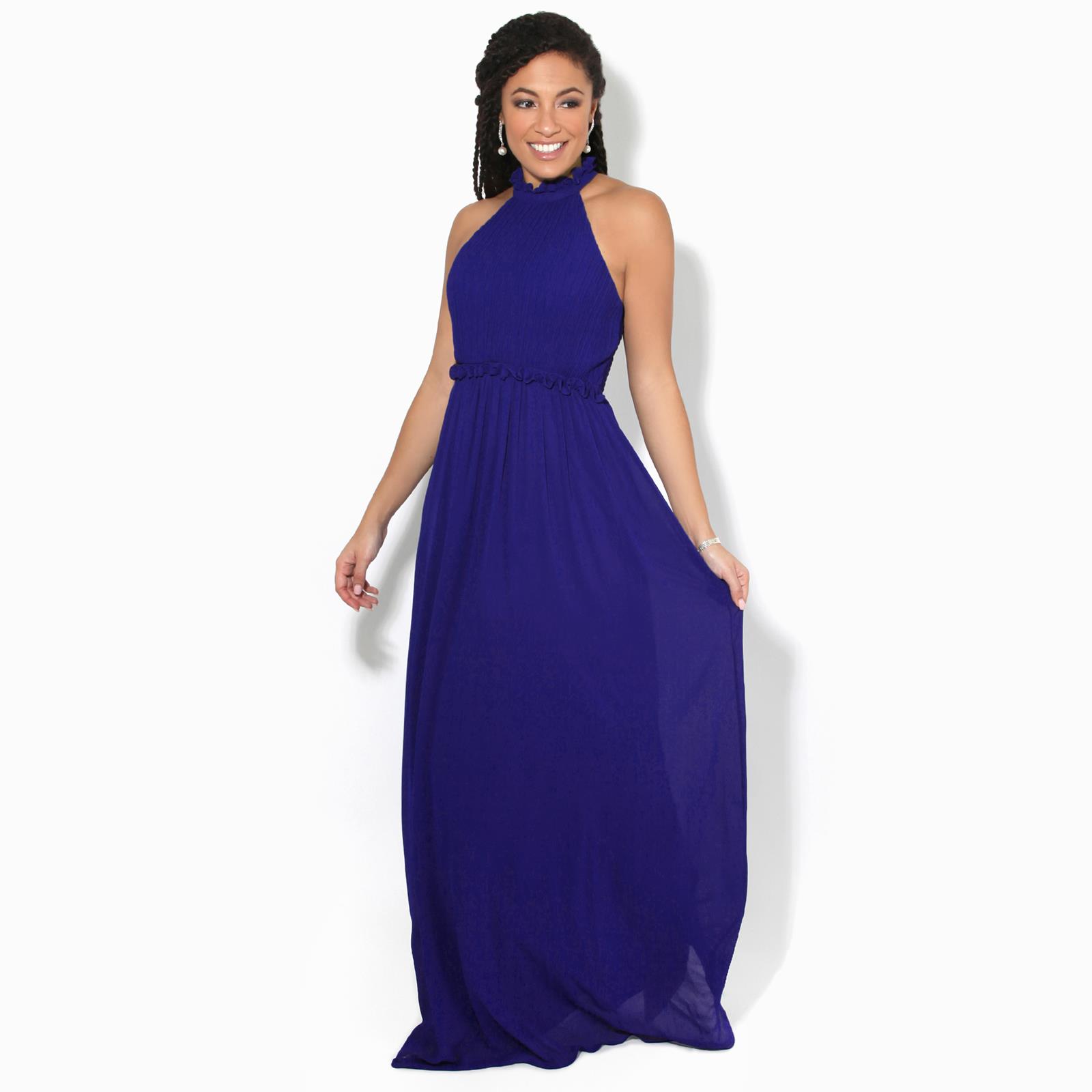 Women Ladies Halter Neck Chiffon Long Maxi Dress Wedding Bridesmaid Formal Party - Picture 17 of 28